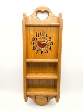 Vintage Handcrafted Oak Country Wall Clock / Shelf Unit